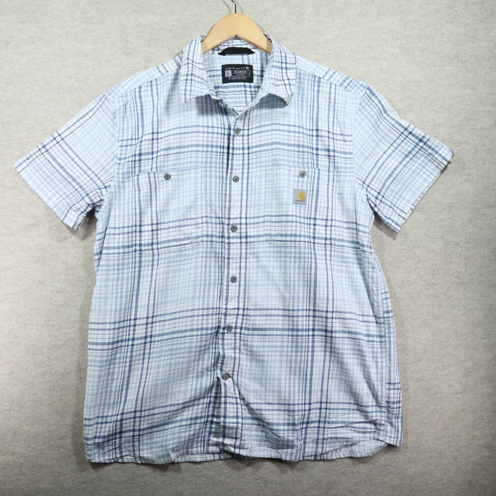 Carhartt Shirt Large Relaxed Fit Modern Blue Plaid Dual Pocket Button Up